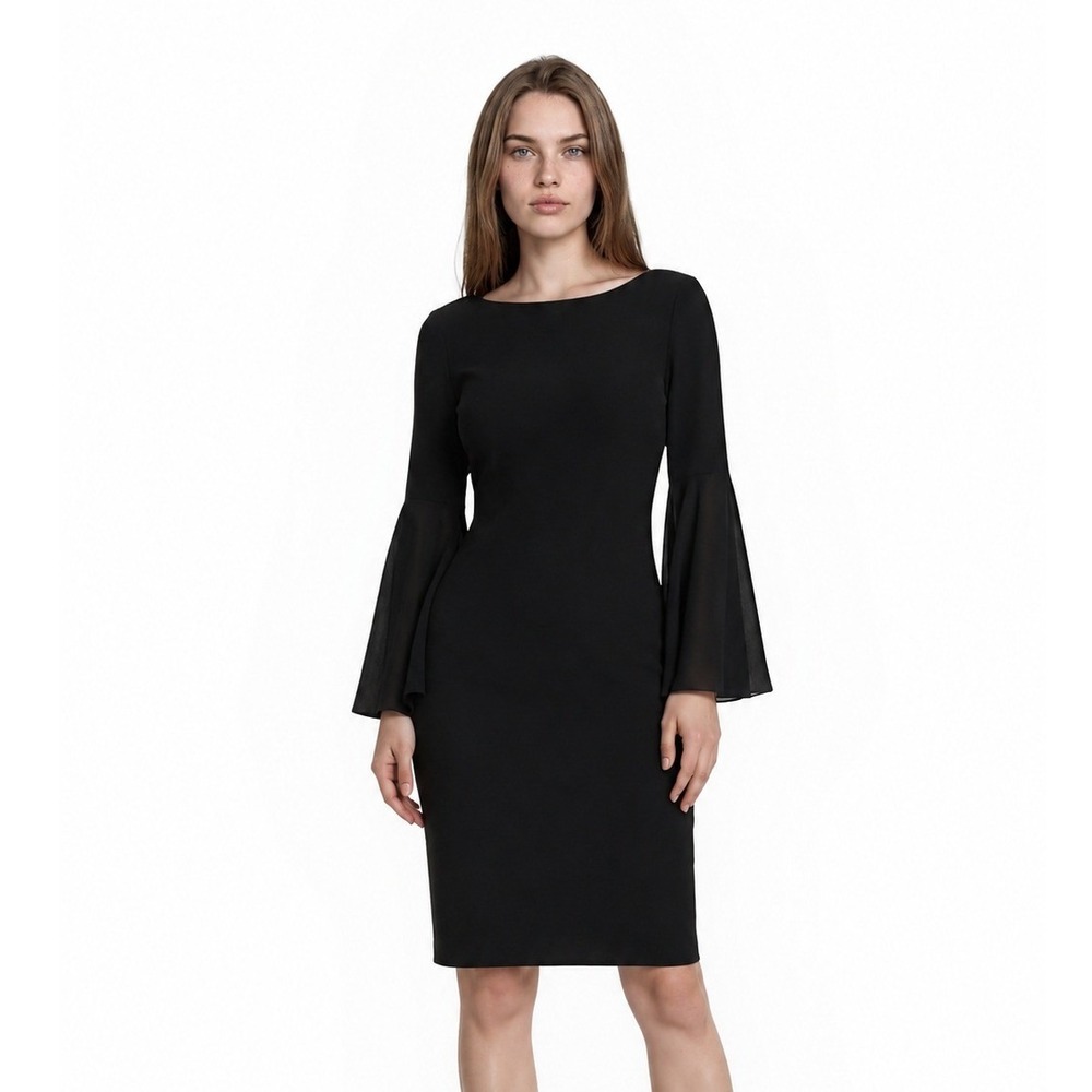 Calvin Klein Sheath Dressโ Women's Size 12 Black Tiered Bell Sleeve Boat Neck